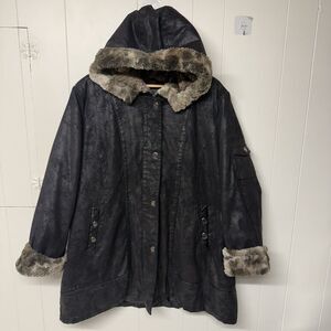 Nuage  Hooded Faux Fur Trim Full Length Jacket Designer Black Women Size 3X EUC